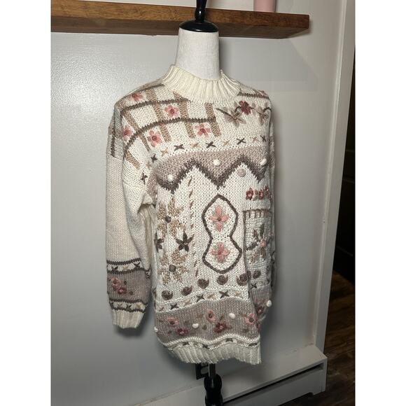Vintage Sweater Hand Knit Cottage Core Granny Core Floral Sweater Large 3D - Picture 3 of 9
